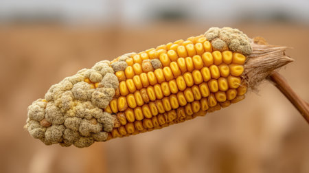 This image features a close-up of a yellow corn cob displaying notable fungal growth, showcasing the impact of disease on crops in an agricultural field.の素材