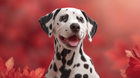A joyful Dalmatian puppy sits among red autumn leaves, showcasing a playful expression and bright eyes. This portrait captures the essence of happiness in pets.の素材