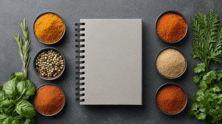A blank notepad sits at the center, surrounded by various colorful herbs and spices on a dark stone background, inviting culinary creativity and recipe development.の素材