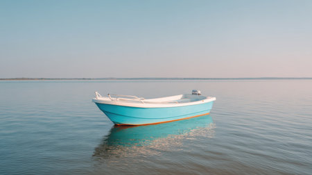 A beautiful blue boat floats effortlessly on calm water, capturing the serene essence of nature during sunset. Ideal for relaxation and inspiration.の素材