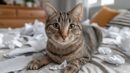 A charming tabby cat lounges among crumpled paper on a cozy bed, capturing its playful nature in a well-lit indoor environment, perfect for pet lovers.の素材
