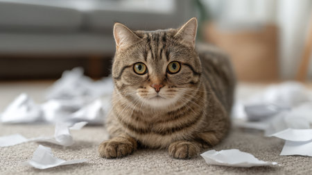 A playful tabby cat lies on a soft carpet amidst crumpled paper, embodying the inquisitive spirit of indoor pets. The cozy living room offers a warm atmosphere.の素材