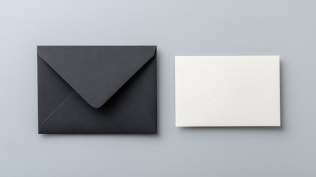 A minimalistic composition featuring a black envelope beside a blank white card on a soft gray surface, perfect for various creative projects and design inspiration.の素材
