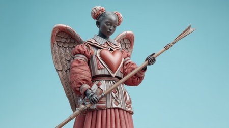 A stunningly crafted angel figure stands poised with a heart and spear, embodying protection and divine inspiration in a serene blue sky setting.の素材