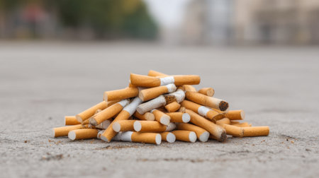 A close-up view of a pile of discarded cigarettes on an urban street, highlighting the negative impact of smoking on health and the environment, emphasizing the need for awareness.の素材