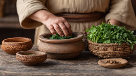 A hand carefully adds fresh herbs to a rustic pot in a traditional kitchen setting, highlighting the art of culinary preparation and connection to natural ingredients.の素材