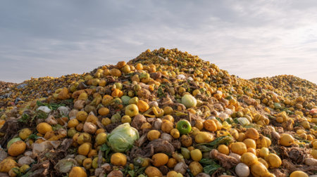 A large pile of decaying fruits and vegetables sits under a cloudy sky at a landfill site, highlighting the critical issue of food waste and its impact on the environment.の素材
