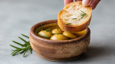 A savory image featuring a bowl of green olives in olive oil served with crusty bread, garnished with rosemary. Perfect for Mediterranean food lovers and gatherings.の素材