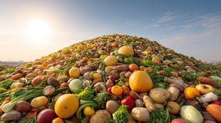 A stunning visual of a large mound of assorted fresh produce, showcasing a vibrant array of fruits and vegetables under a clear blue sky, celebrating nature's abundance.の素材