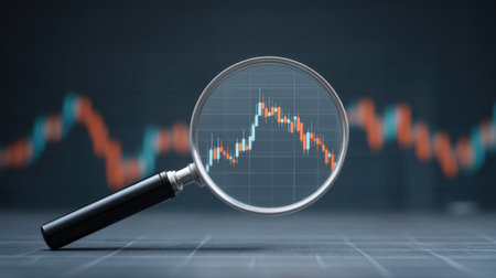 A detailed close-up of a magnifying glass focusing on a financial chart, highlighting fluctuating trends and providing insights into market analysis and investment strategy.の素材