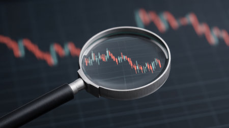 A detailed close-up of a magnifying glass focuses on market trend graphs, illustrated with red and green lines against a dark background, highlighting financial data and analysis.の素材