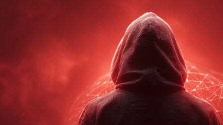A hooded figure stands against a vibrant red background, symbolizing anonymity and cybersecurity threats. The digital landscape features complex connections, reflecting technological challenges.の素材