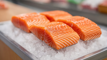 Fresh salmon fillets rest on a bed of ice in a seafood market, offering a vibrant color and appealing texture perfect for culinary use and food photography.の素材