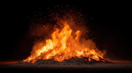 A powerful blaze rises dramatically against a dark backdrop, with vibrant flames and glowing sparks illuminating the surrounding area, creating an intense atmosphere.の素材