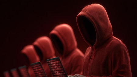 Dark and atmospheric image featuring mysterious figures in red hoodies engaged with glowing computer screens, symbolizing the world of cybersecurity threats and online anonymity.の素材