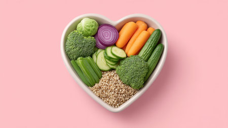 A heart-shaped bowl overflowing with fresh vegetables and grains against a pastel pink background, emphasizing healthy eating, vibrant colors, and nutritious ingredients.の素材