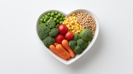 This heart-shaped bowl is filled with a variety of fresh vegetables, showcasing vibrant colors and promoting a healthy lifestyle focused on nutrition and wellness.の素材