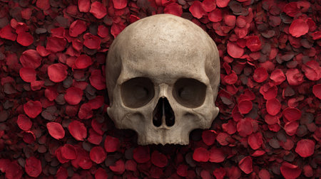 A unique still life featuring a human skull artistically placed among vibrant red rose petals. This composition evokes strong emotions and offers a surreal exploration of beauty and mortality.の素材