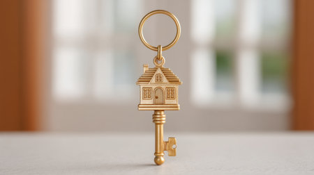 A golden key featuring a house design, representing home ownership and new beginnings, set against a bright indoor background for a warm and inviting feel.の素材