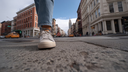 A captivating close-up of sneakers on an urban street, capturing the essence of city life. Skyscrapers and classic buildings create a vibrant backdrop.の素材