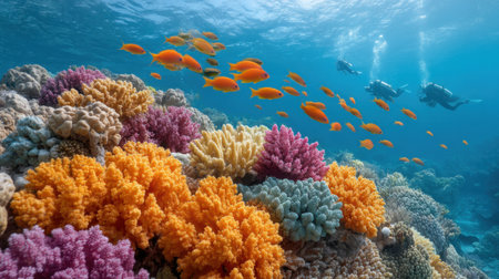Discover the enchanting underwater world featuring a vibrant coral reef, schools of fish, and divers exploring a rich marine ecosystem in crystal-clear waters.の素材