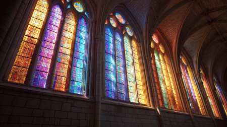 A stunning display of stained glass windows in an ancient cathedral, casting vibrant colors and intricate designs that create a serene and mystical atmosphere.の素材