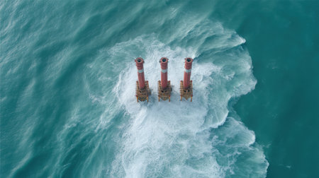 This aerial image captures three oil rigs standing tall in turquoise waves, showcasing the intersection of industrial activity and the natural beauty of the ocean.の素材