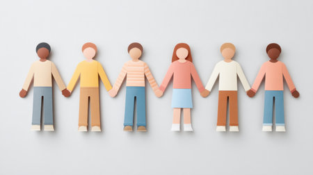 A vibrant illustration showcasing a diverse group of cut-out characters holding hands, symbolizing unity and friendship. Perfect for themes of inclusivity and community.の素材
