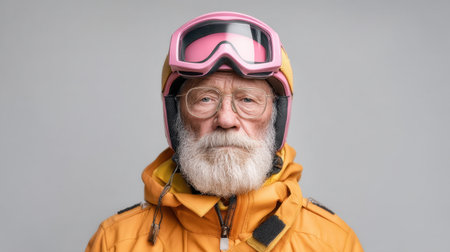 Portrait of an elderly man in bright ski attire, showcasing courage and love for skiing. His unique style captures the essence of winter sports and lifelong passion.の素材