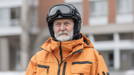 A senior man dressed in an orange ski jacket and helmet stands confidently outdoors at a winter resort, surrounded by beautiful snow-capped mountains and fresh winter air.の素材