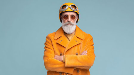 A fashionable elderly man poses confidently in an eye-catching orange coat and yellow helmet, set against a soothing pastel blue backdrop, embodying modernity and style.の素材