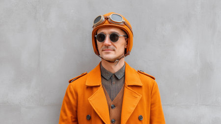 A stylish man stands confidently against a gray wall, wearing a vibrant orange coat, vintage goggles, and sunglasses, showcasing a unique retro-inspired fashion statement.の素材