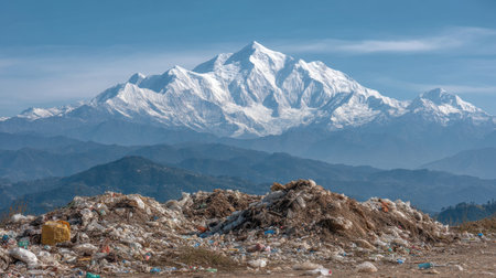 A stunning view of a snow-capped mountain range contrasted with a garbage pile in the foreground, highlighting urgent environmental concerns and natural beauty.の素材