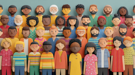 This colorful illustration showcases a diverse group of cartoon characters representing various cultures and ethnicities, promoting themes of unity and inclusion in a joyful atmosphere.の素材