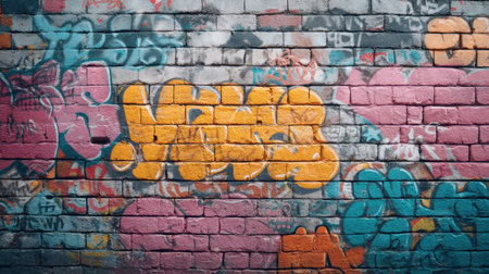 Discover a captivating urban graffiti scene featuring vibrant colors and artistic designs on a weathered brick wall, showcasing the creativity and spirit of street art culture.の素材