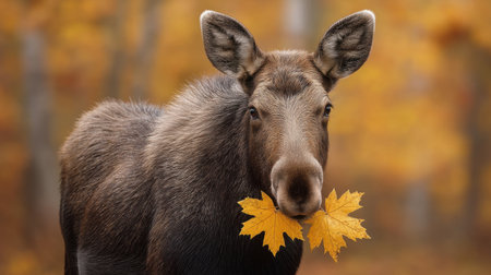 A magnificent moose stands gracefully in a forest, holding a bright yellow leaf in its mouth, beautifully framed by rich autumn foliage, capturing nature's peaceful essence.の素材