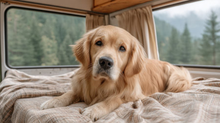 A golden retriever lounging comfortably on a soft blanket in a camper van, with breathtaking mountains and forests visible through the windows, inviting relaxation and adventure.の素材