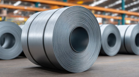 A close-up view of rolled steel coils stored in a manufacturing facility, highlighting the metallic texture and precision of modern industrial engineering and production methods.の素材