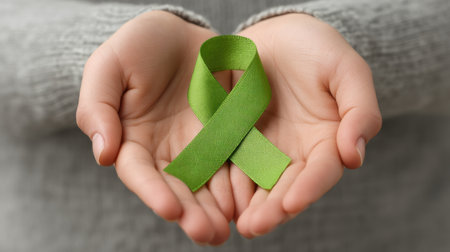 A pair of hands gently holds a green ribbon, symbolizing awareness and support for mental health issues. This image represents compassion, hope, and community engagement.の素材