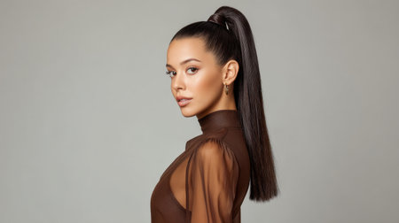 A captivating portrait of a woman with sleek hair in a stylish sheer top, exuding confidence and elegance against a soft neutral backdrop for fashion photography.の素材