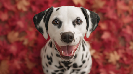 A cheerful Dalmatian dog sits amidst vibrant red autumn leaves, showcasing a joyful expression and inviting warmth in a nature-inspired setting. Perfect for pet lovers!の素材