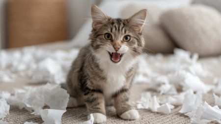 This charming image features a playful cat surrounded by shredded paper in a cozy living room. The cat's joyful expression captures the essence of fun and mischief in a home setting.の素材