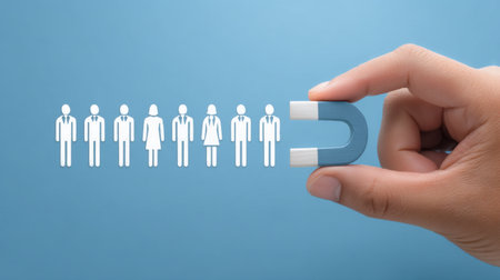 A hand holds a magnet attracting silhouettes of people, symbolizing the concept of engagement and connection in business, marketing, and recruitment strategies.の素材