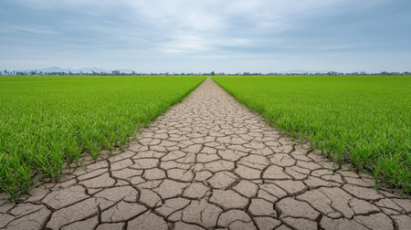 A striking contrast between cracked earth and vibrant green rice fields captures the challenges of agriculture and climate change, highlighting environmental concerns.の素材
