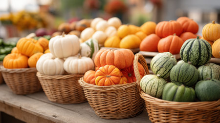 A vibrant assortment of fresh pumpkins and gourds in various colors displayed in woven baskets. Perfect for autumn themes, harvest celebrations, and seasonal decorations.の素材