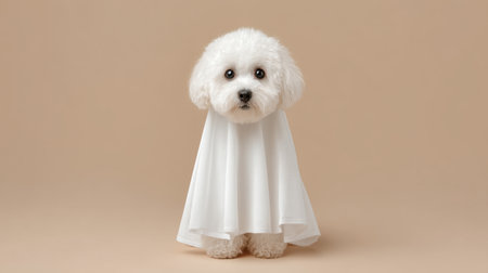 This charming photo features a fluffy dog draped in white fabric, playfully posed as a ghost against a soft beige backdrop, perfect for seasonal themes.の素材