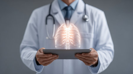 A medical professional showcases a virtual 3D model of lungs on a tablet, illustrating the intersection of technology and healthcare for enhanced patient care and diagnosis.の素材