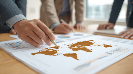 Professionals engage in a meeting, examining a world map and data charts, discussing growth strategies and market analysis to inform business decisions and objectives.の素材