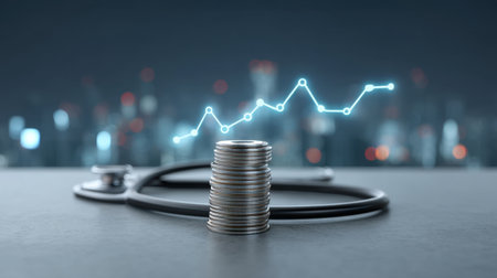 Close-up of stethoscope and stacked coins symbolizing the intersection of healthcare and finance, with a digital growth chart overlay illustrating current investment trends.の素材