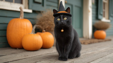 A charming black cat wearing a witch hat sits on a porch, surrounded by bright orange pumpkins, capturing the fun and festive spirit of Halloween season delightful.の素材